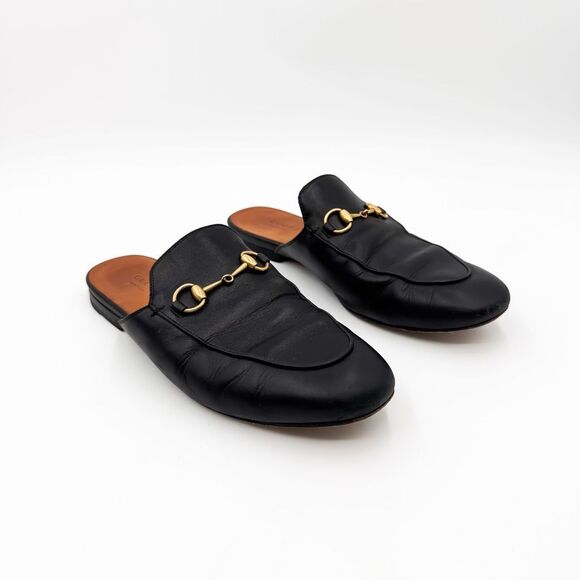 Gucci Princetown Horsebit Black Leather Loafers Mules Slip On Flats EU 38 US 8 - Picture 1 of 10